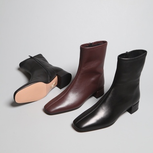 巴黎 筒侧拉链靴羊胎皮面内里真丝弹性短靴女靴子 菠萝牛货台款