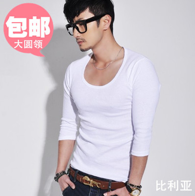 长袖T恤男装大圆领紧身T恤 韩版修身紧身纯白打底衫男 低领长袖潮