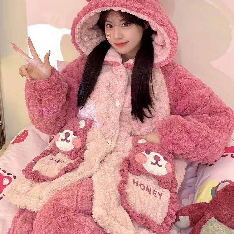 2024年秋冬季新款加厚加绒三层夹棉珊瑚绒保暖连帽卡通家居服套装,女士内衣/男士内衣/家居服,睡衣/家居服套装,淘宝优惠券,粉丝福利购,淘宝优惠卷