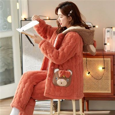 睡衣女珊瑚绒夹棉大码家居服套装