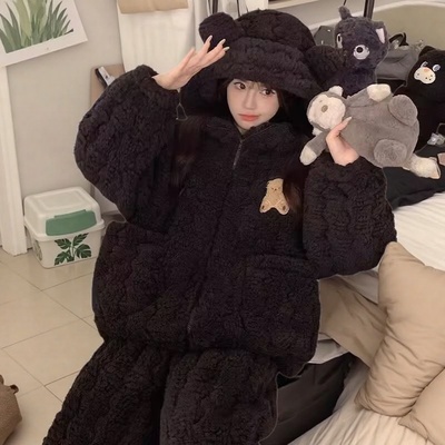 三层夹棉睡衣女冬季珊瑚绒加绒加厚保暖连帽拉链家居服套装可外穿