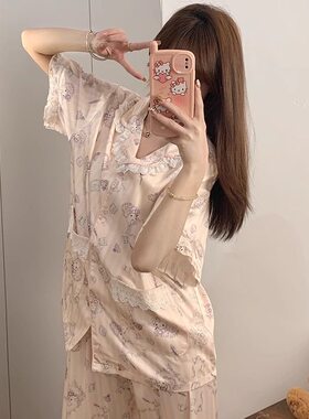 2026年新款甜美花边可爱Kitty猫睡衣女夏冰丝短袖家居服套装薄款