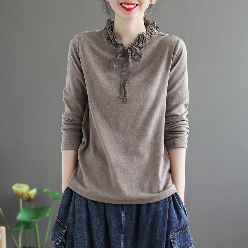 代勒原创文艺复古花朵领蕾丝拼接系带磨毛打底衫女士春季长袖T恤