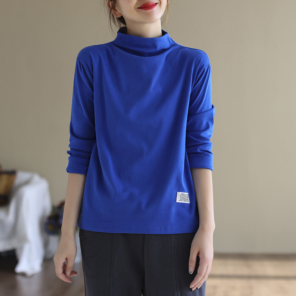 代勒秋季新款纯棉贴布长袖t恤女士文艺宽松显瘦半高领打底上衣,女装/女士精品,T恤,淘宝优惠券,粉丝福利购,淘宝优惠卷