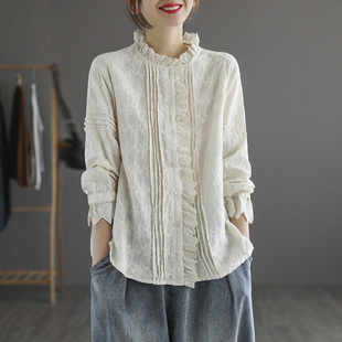 风琴褶宽松长袖 新款 上衣 女士春季 代勒文艺复古全棉花边领刺绣衬衫
