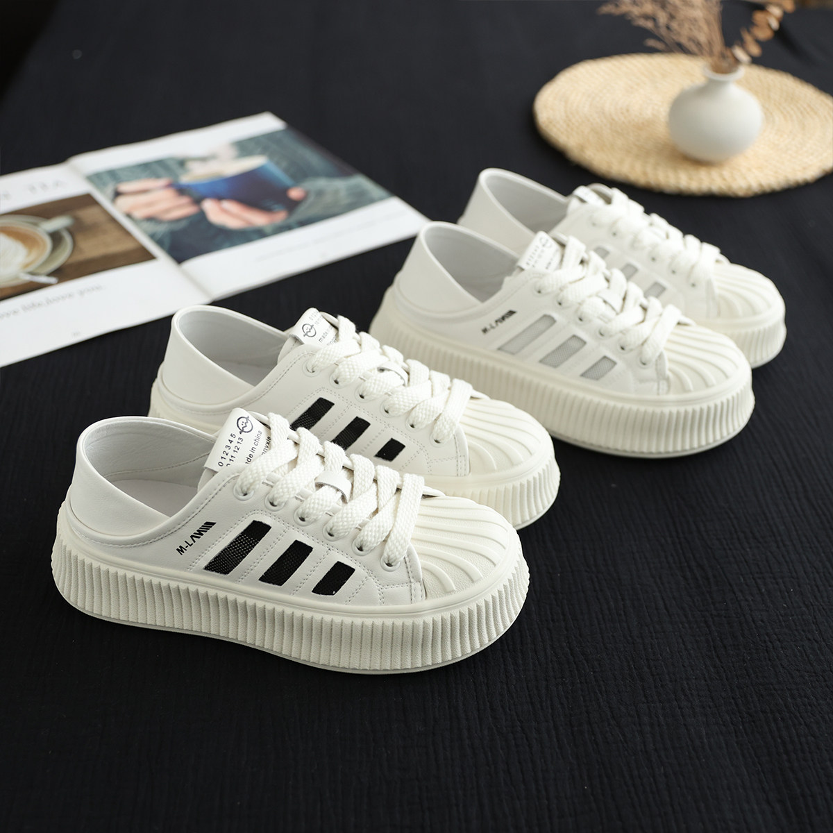 贝壳头小白鞋女珍品网面透气运动休闲鞋新款踩脚厚底板鞋