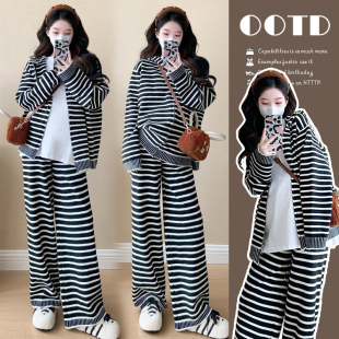 秋套装 时髦长袖 2025新款 洋气外套阔腿裤 条纹两件套秋冬 时尚 孕妇装