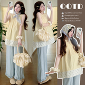 套装 时尚 洋气时髦无袖 上衣阔腿裤 夏天两件套 孕妇夏装 夏季 2025新款