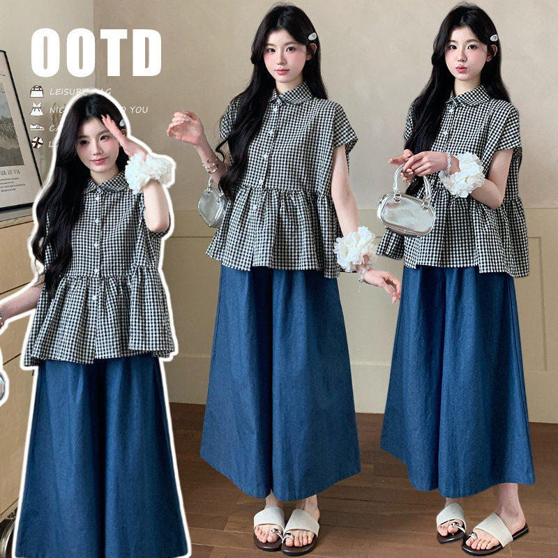孕妇装夏套装2026新款潮妈孕期穿搭法式码格子衬衣牛仔阔腿裤套装