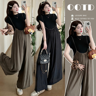 孕妇装夏套装2026夏季新款孕期穿搭上衣拉链设计背带裤夏季两件套