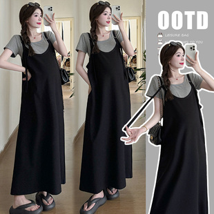 孕妇2024新款夏装短袖套装夏季连衣裙时尚大码背带裙两件套中长款