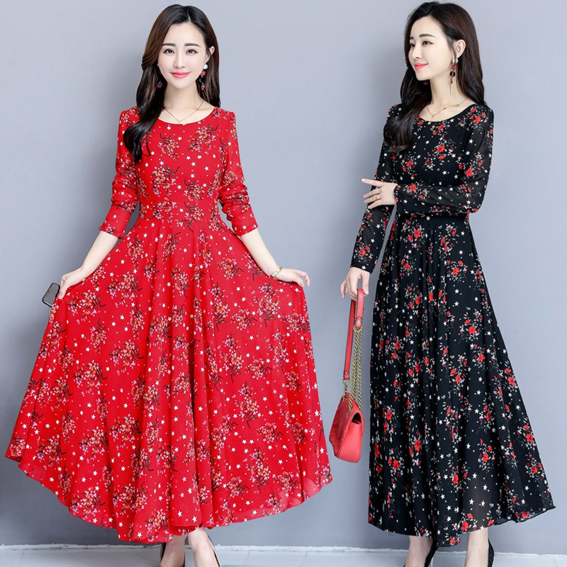 Korean version large size temperament print swing dress long sleeve over knee round neck beach skirt 2 autumn winter
