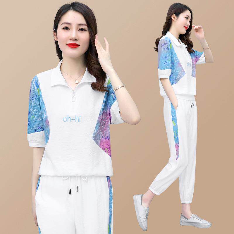 运动装女夏季年新款时袖尚洋气短70741551恤冰丝长裤休闲两套件服