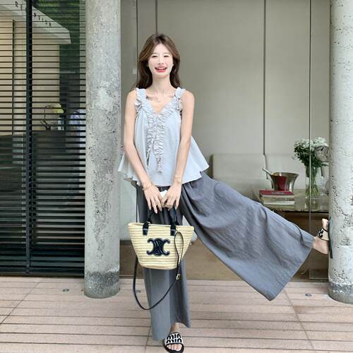 韩系休闲新减龄套装女裤D055-60初夏弛款松领木耳边吊带阔腿两件