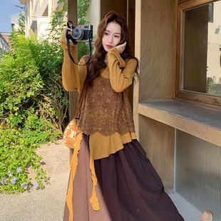 裙女秋法式 套装 半不规恤身裙三件 C22罩衫 则咖色复镂空钩花古c103