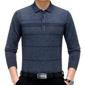 冬套头长袖 领羊绒恤中年男8236 秋新款 士条纹翻爸爸装 针织体恤