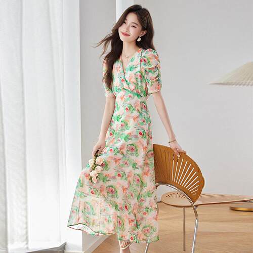 甜夏款季女装新款花收色时尚潮流领腰显瘦美中长ME5639-0连衣裙