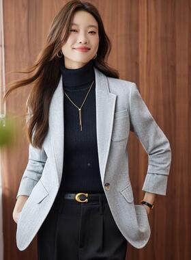 黑色西装外修套女秋冬小个子YJR2582级感气质身显瘦西服短款毛高