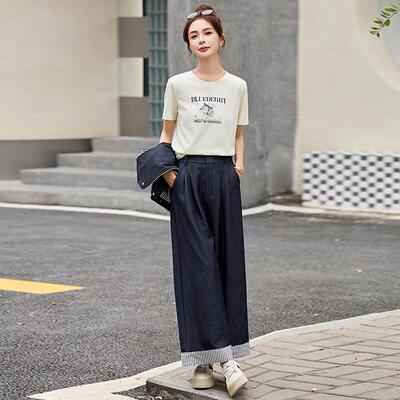 时女尚接休闲套装夏新款拼气休闲洋马甲阔腿裤三件ME5595-0套裤