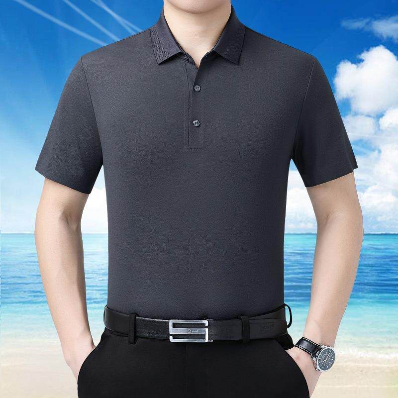 夏新款男士冰丝袖恤衫休闲时桑纯尚色商8009-P务翻领蚕丝上短衣男