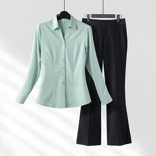 蓝粉黑白绿作竹纤维领衬衫秋女气质面试正2045装工上服衣职业装长