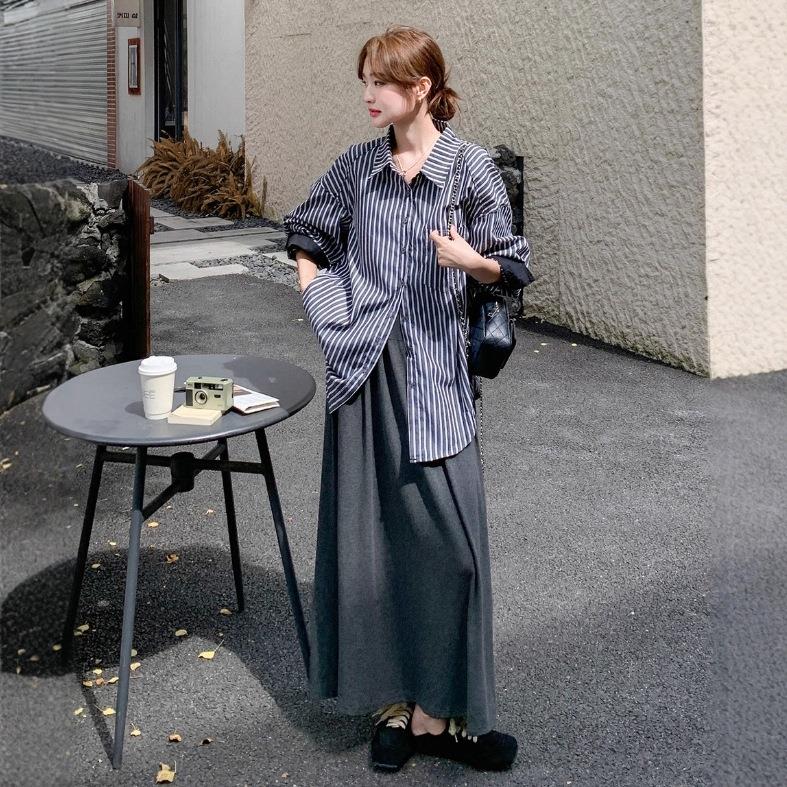 韩宽系休闲纹款衬衫套装裙女秋季年新慵懒风松半身D037-992裙两条