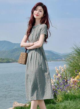 SY2708-0夏季复古衣系文艺纯棉格子衫衬裙带收腰中长款连裙女
