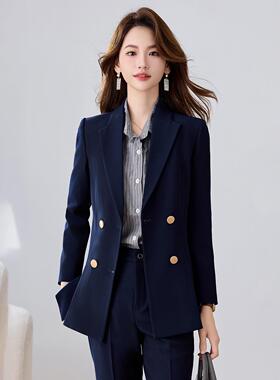 蓝色ZS2502高级感长小装西装领外套袖职女裤子秋冬季新款两件套业