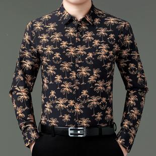 男装秋季长免袖花衬衫2529-LL柔休男式商务烫修身冰丝丝男印闲花