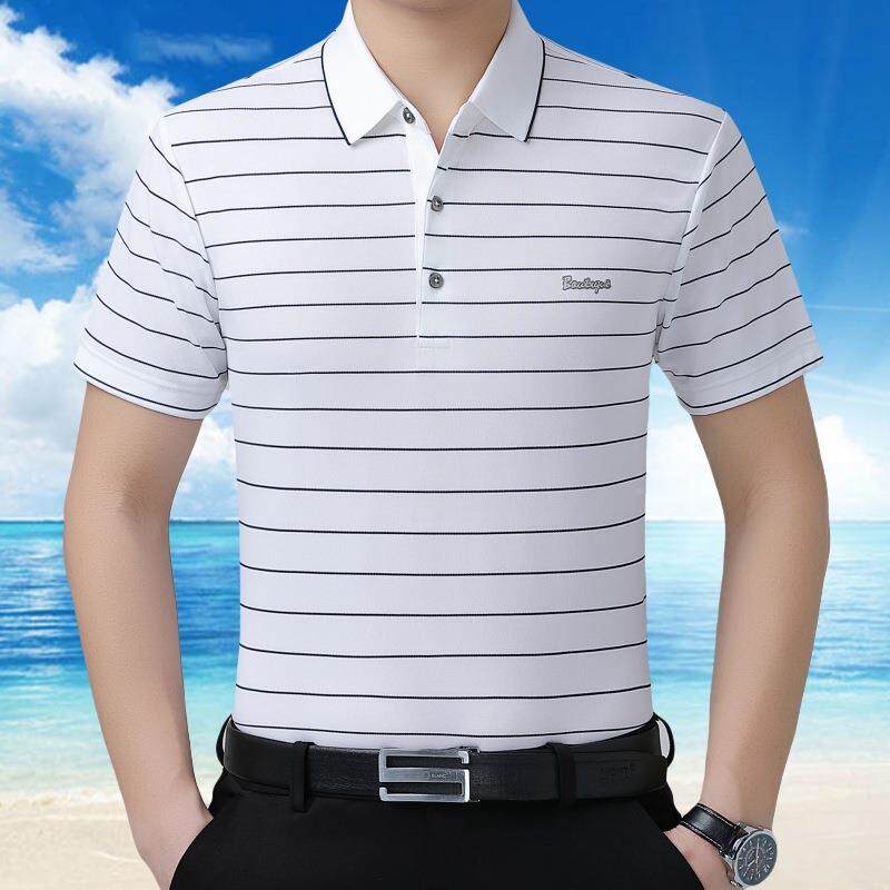 短袖男中年夏季爸爸闲时尚休条纹新男款翻267领士男装商务恤桑蚕