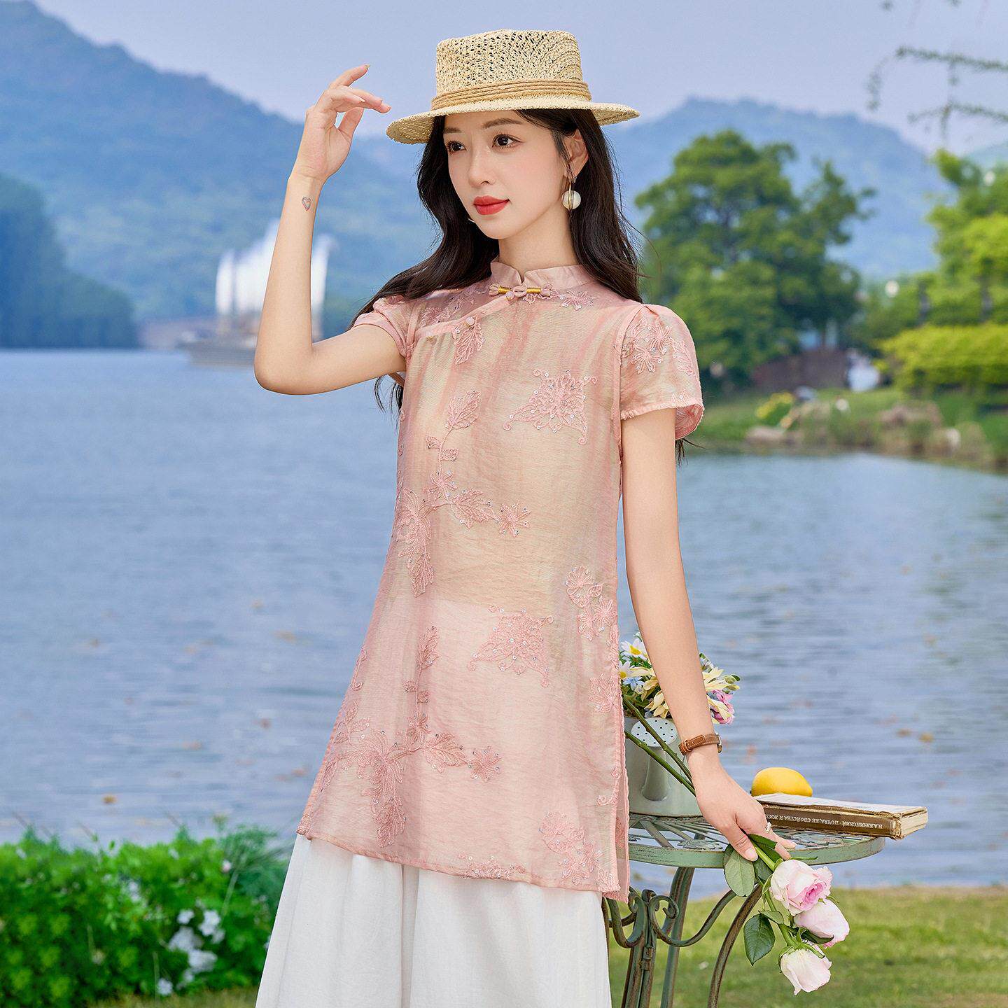 夏绣款女气质新风中装式国刺上衣宽松阔腿裤两AH8633-0件套裤 - 实物图