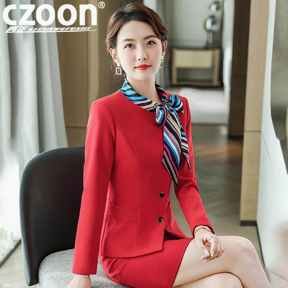 大红空姐制服酒店服长员工作服女秋冬袖饮餐AL684567饭店前台收银