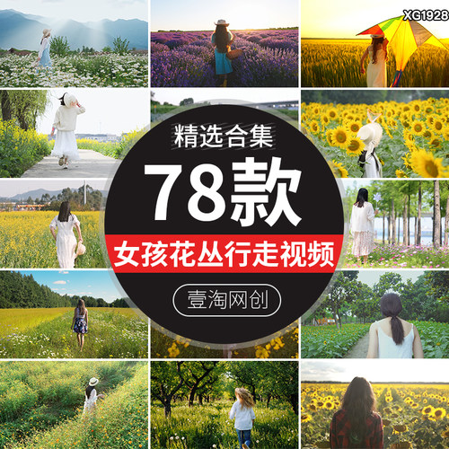 唯美青春女孩花丛背影背景奔跑草丛行走花海花田短视频剪辑素材