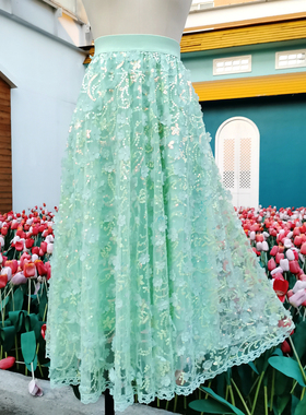 绿色奶甜碎花半身裙女遮肉a字高腰重工绣亮片立体花炸街裙子
