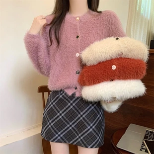 上衣加厚软糯水貂绒毛衣外套女款 秋冬季 针织开衫 新款 外搭宽松短款