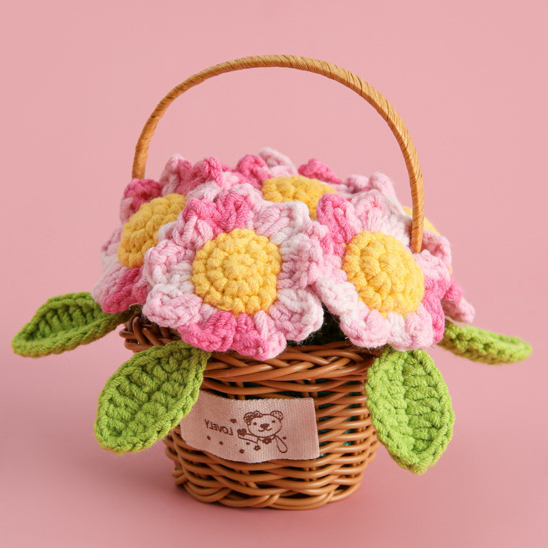 钩针编织小花篮毛线花束亲手钩织玫瑰花铃兰向日葵礼物新品成品潮