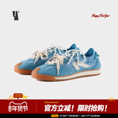 VEEMES复古蓝色德训鞋女 百搭透气一脚蹬两穿运动鞋潮流休闲板鞋