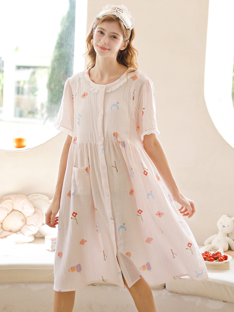 홈 시간 간호 잠옷 여름 순수 코튼 거즈 산후 출산 잠옷 복장 간호 및 임신 홈 스커트