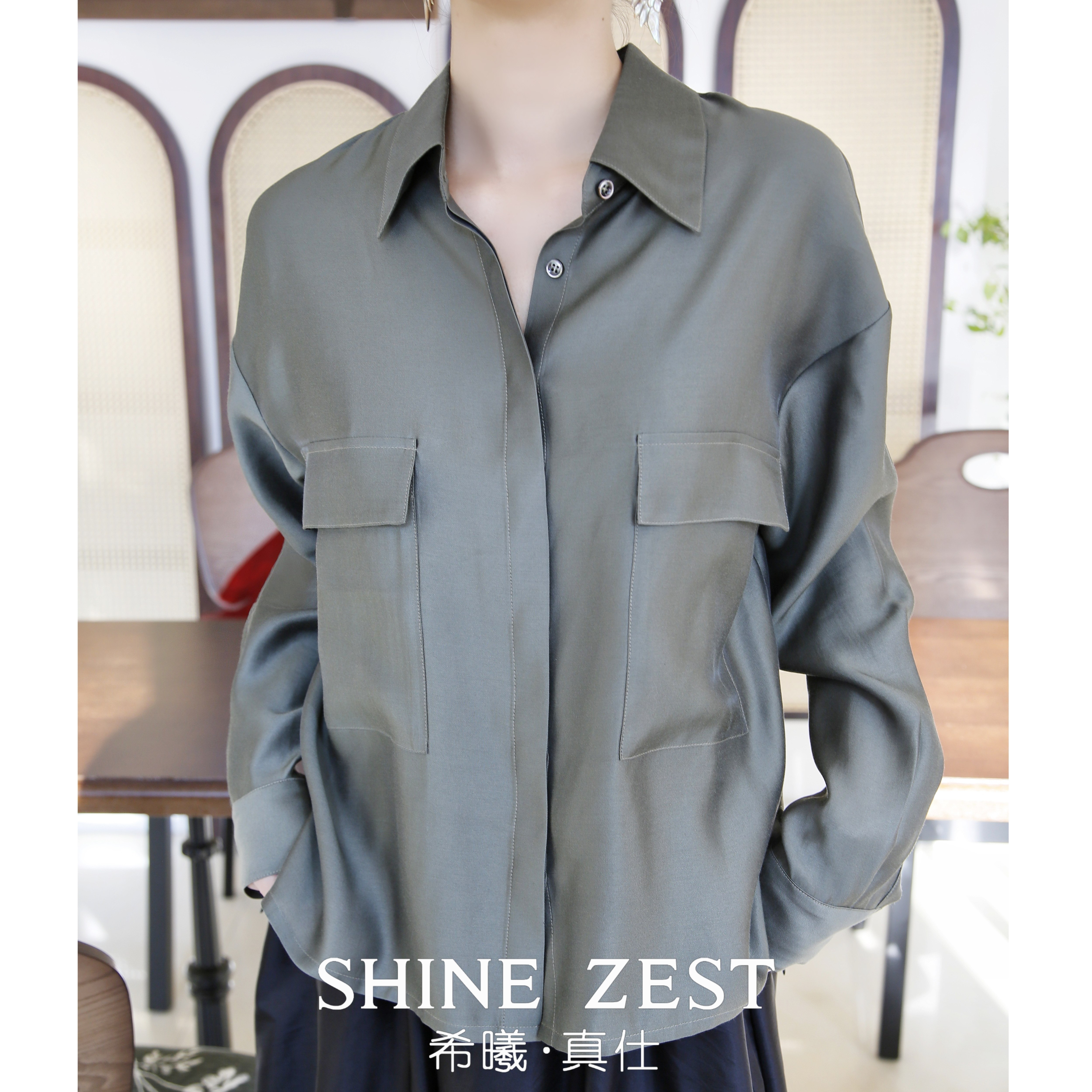 军绿色丝棉混纺翻领宽松廓形立体贴袋长袖衬衫,女装/女士精品,衬衫,淘宝优惠券,粉丝福利购,淘宝优惠卷