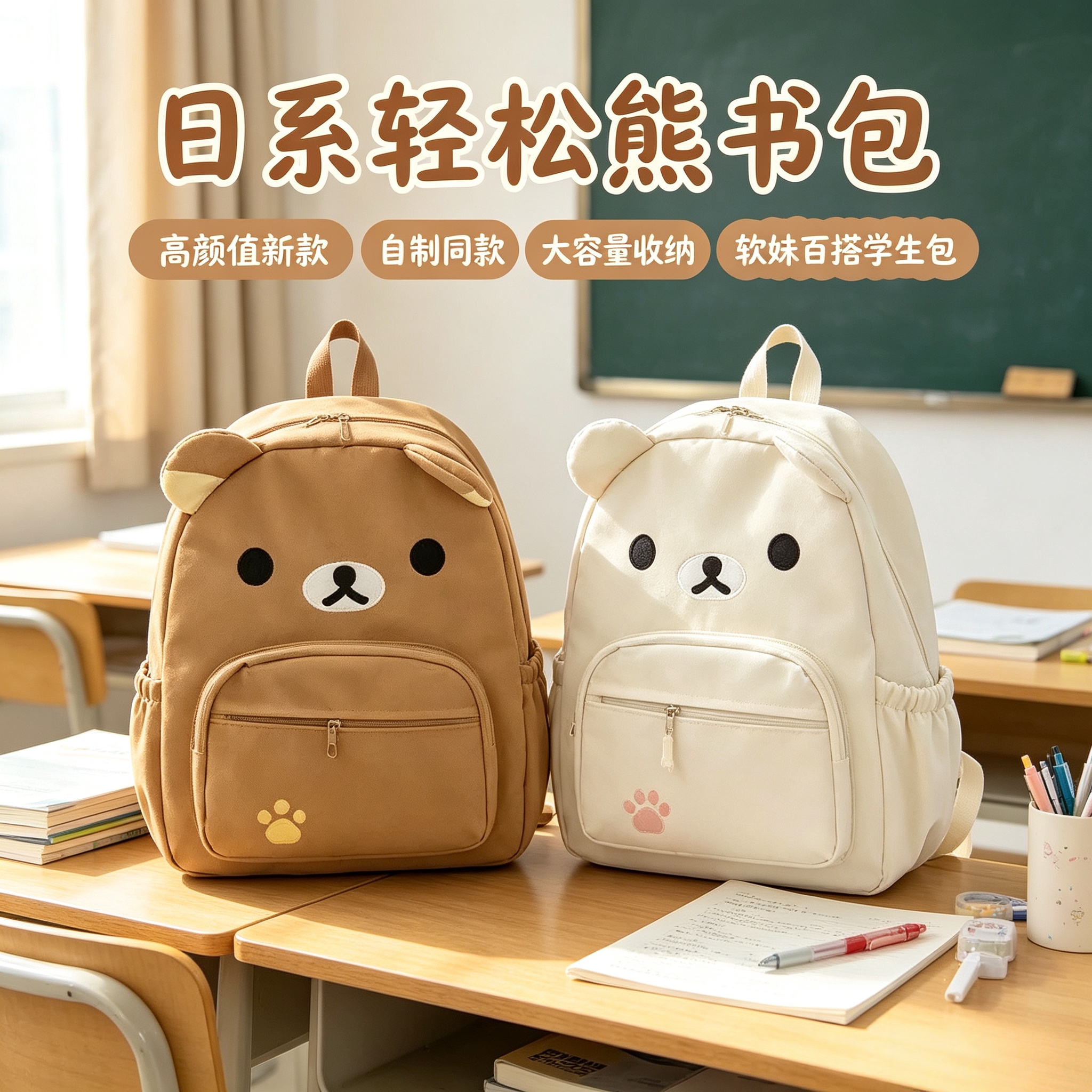 新款日系可爱棕色奶白小熊大容量百搭学生软妹双肩包轻松熊卡通包