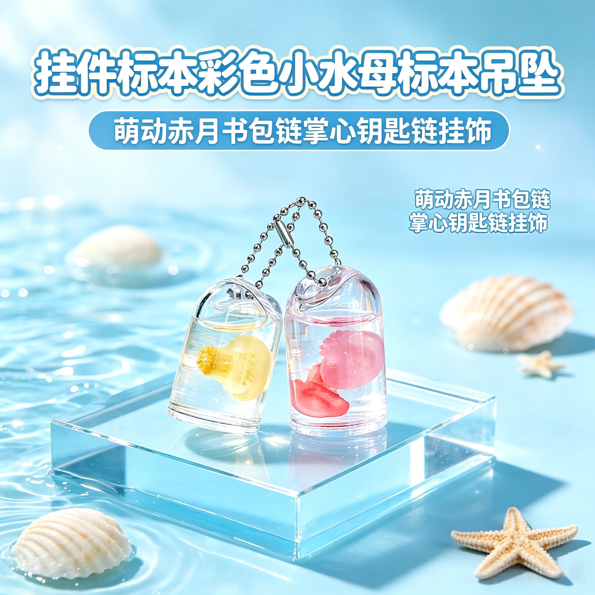 彩色赤月水母标本小挂件非活体钥匙链挂饰海洋瓶萌动书包链
