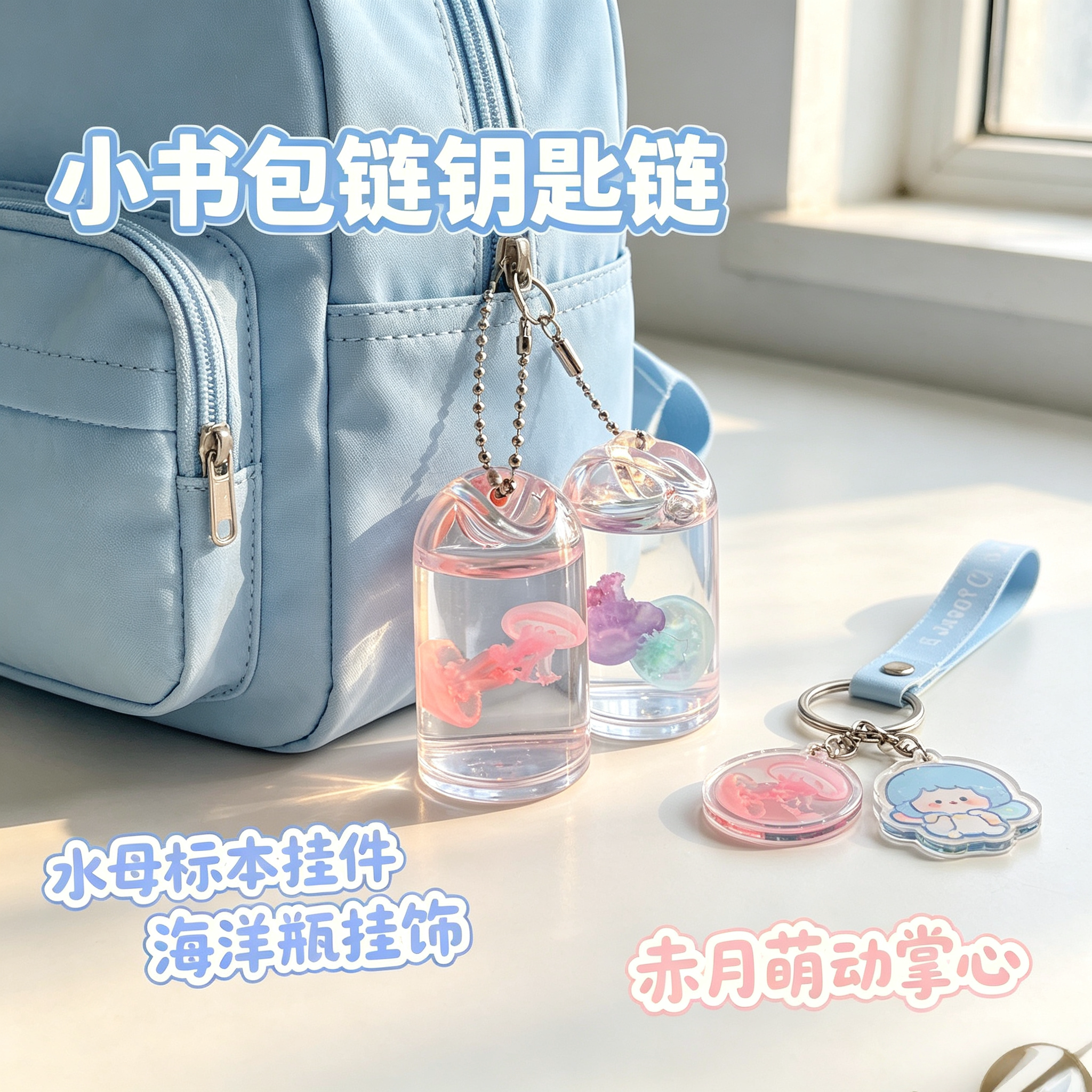 书包链小挂饰掌心海洋瓶钥匙链水母标本挂件非活体萌动赤月