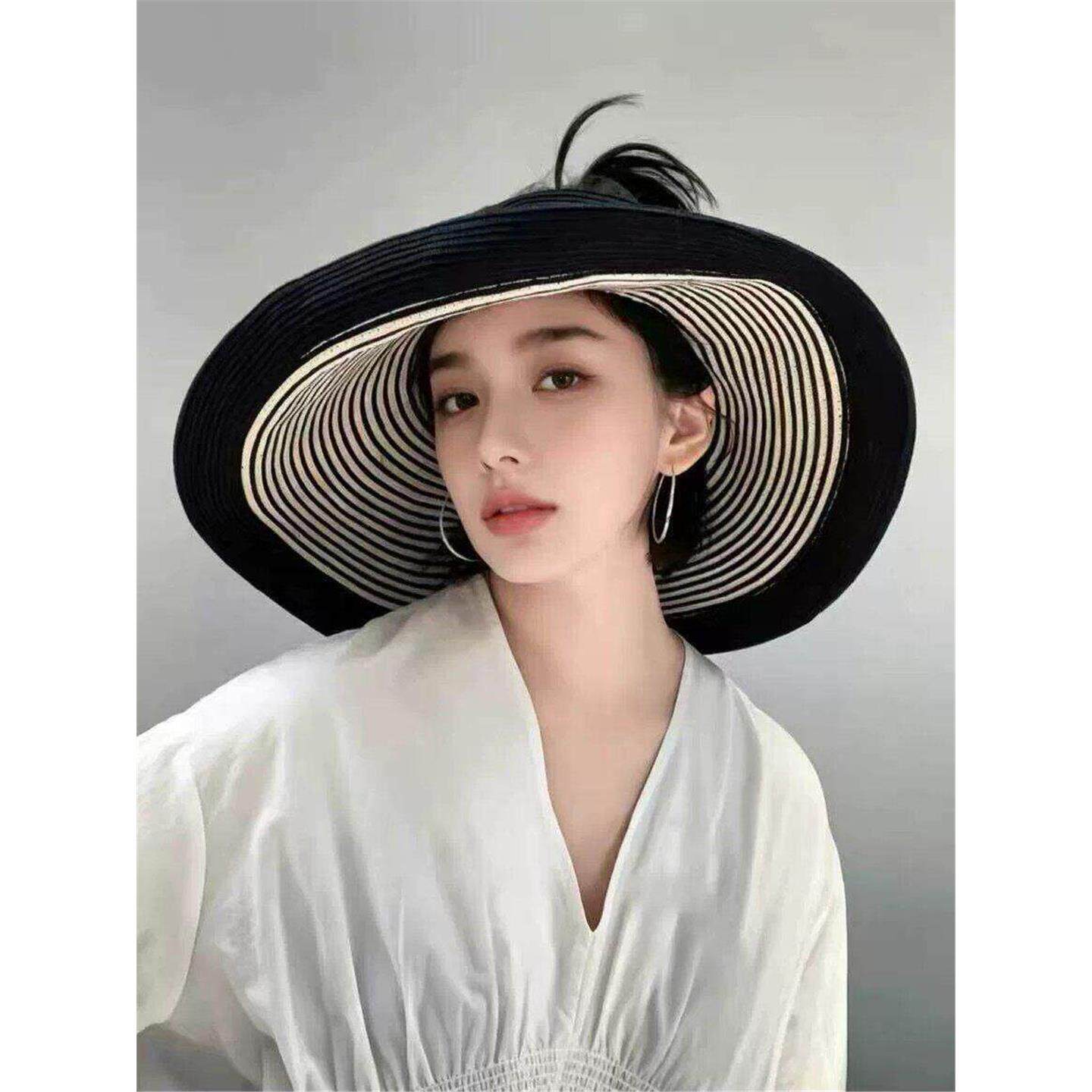夏季大帽檐条纹防晒草帽女2026新款可折叠海边遮阳帽子百搭空顶帽