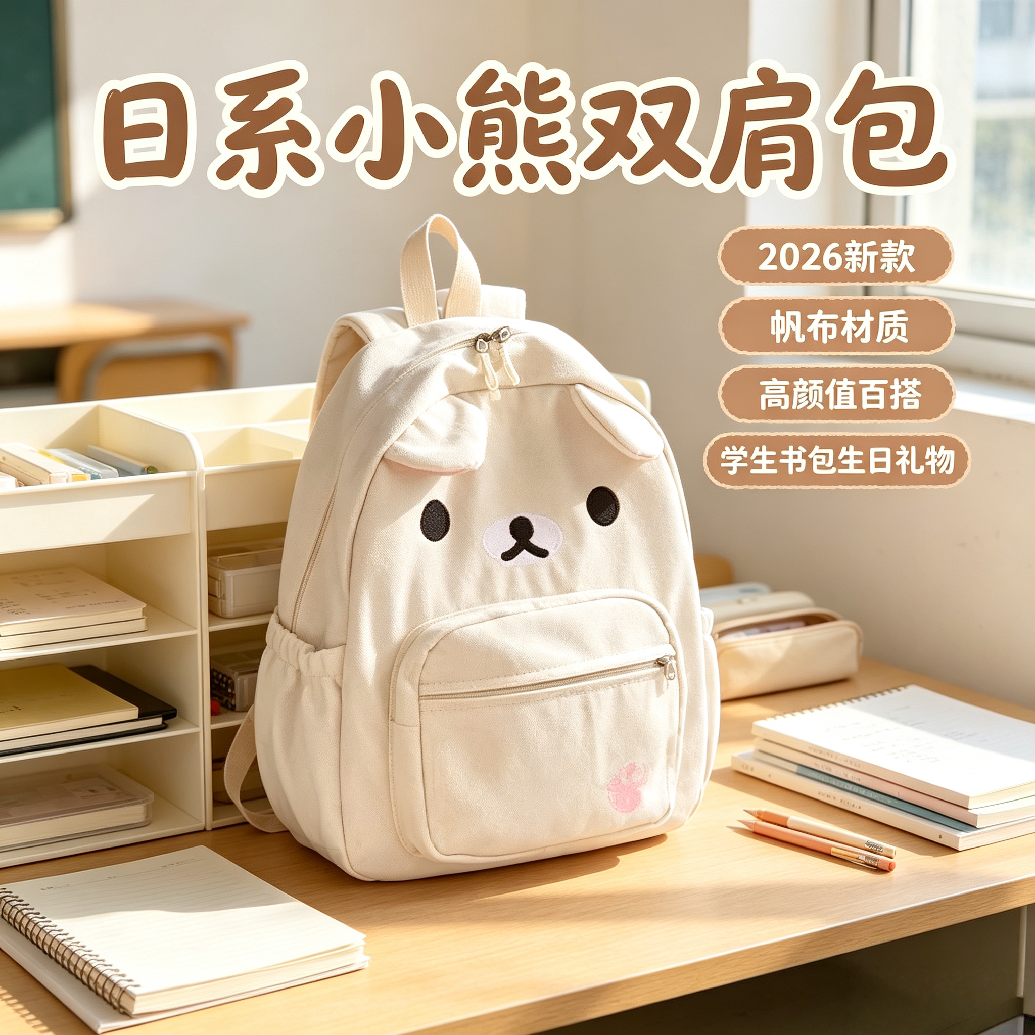 自制日系可爱帆布棕色小熊百搭奶白学生软妹双肩包书包轻松熊卡通