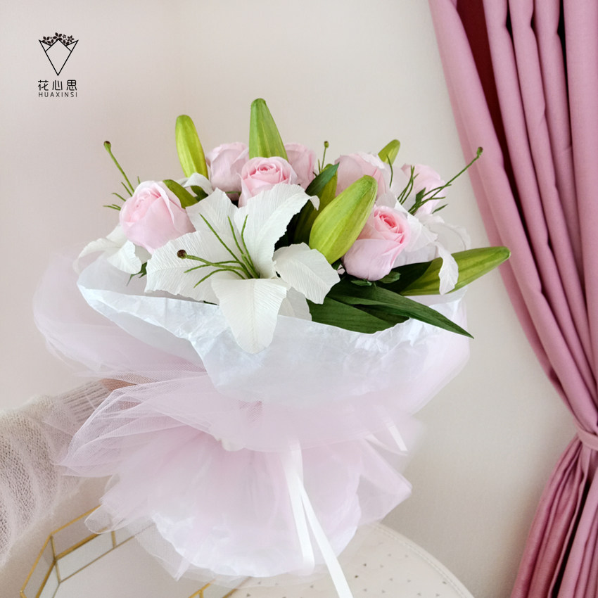 纸藤玫瑰皱纹纸百合手工制作套装材料包diy花束 母亲教师节花礼物