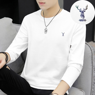 白色t恤男长袖纯棉秋季上衣服潮流宽松全棉内搭打底衫男圆领体恤