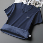 短袖 印花体恤 保暖打底衫 t恤男生秋冬季 加绒加厚V领上衣服潮流半袖