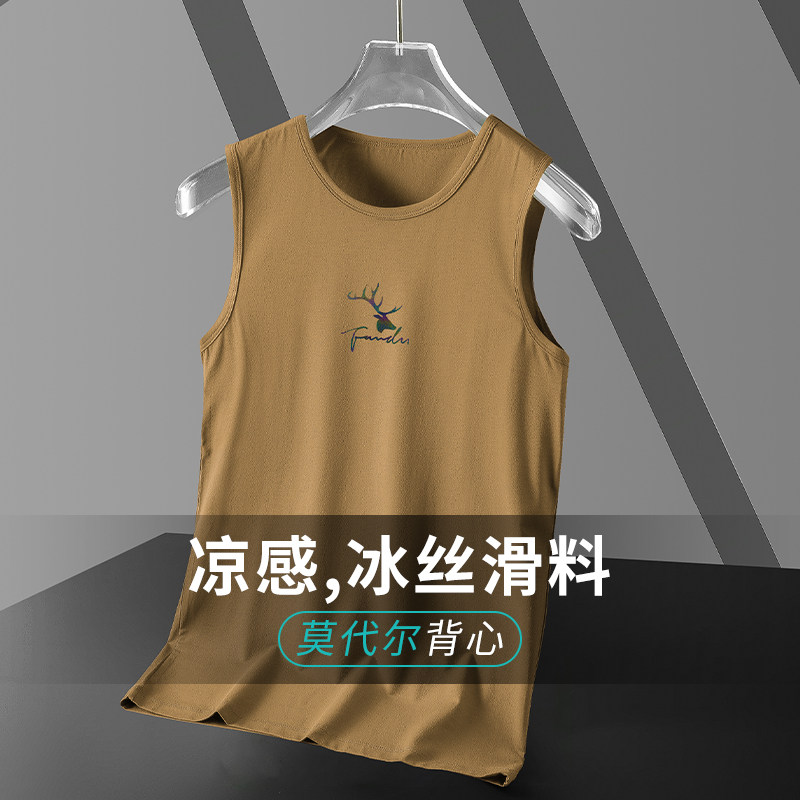 莫代尔棉背心男士夏季薄款冰丝速干运动坎肩健身鹿头印花无袖t恤