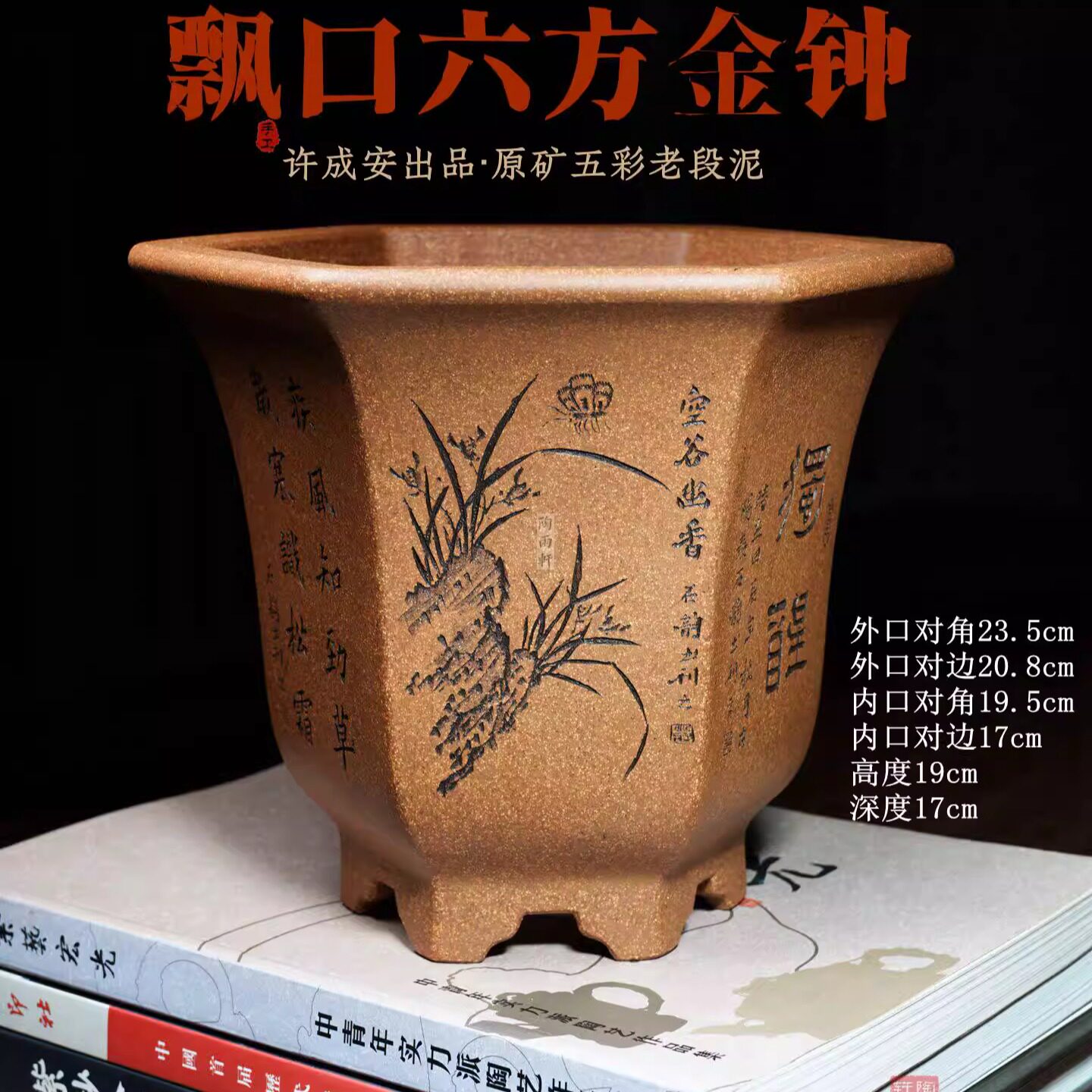 名家许成安精品紫砂兰花盆六方飘口金钟五彩老段泥春兰蕙兰