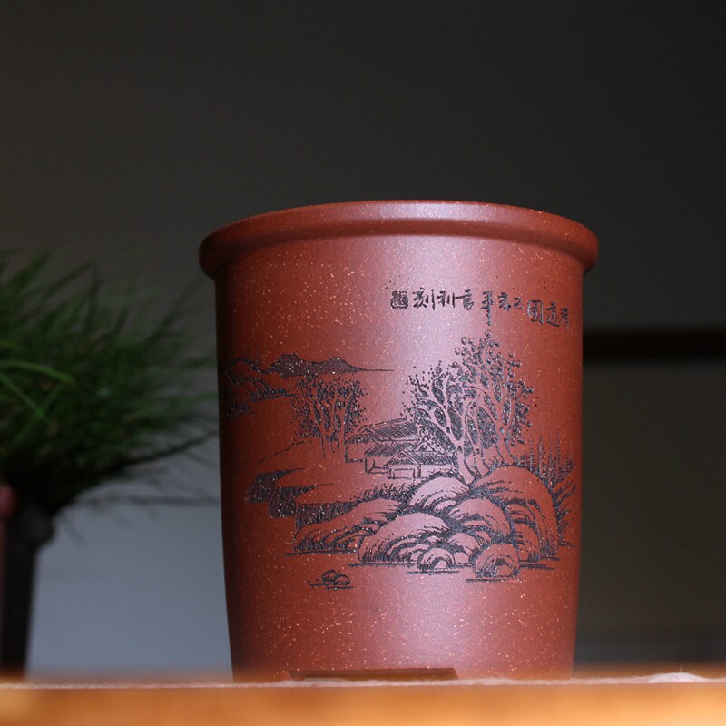 圆口形直筒紫砂花盆周向红精品宜兴手工梦香兰花盆景多肉小型金钟